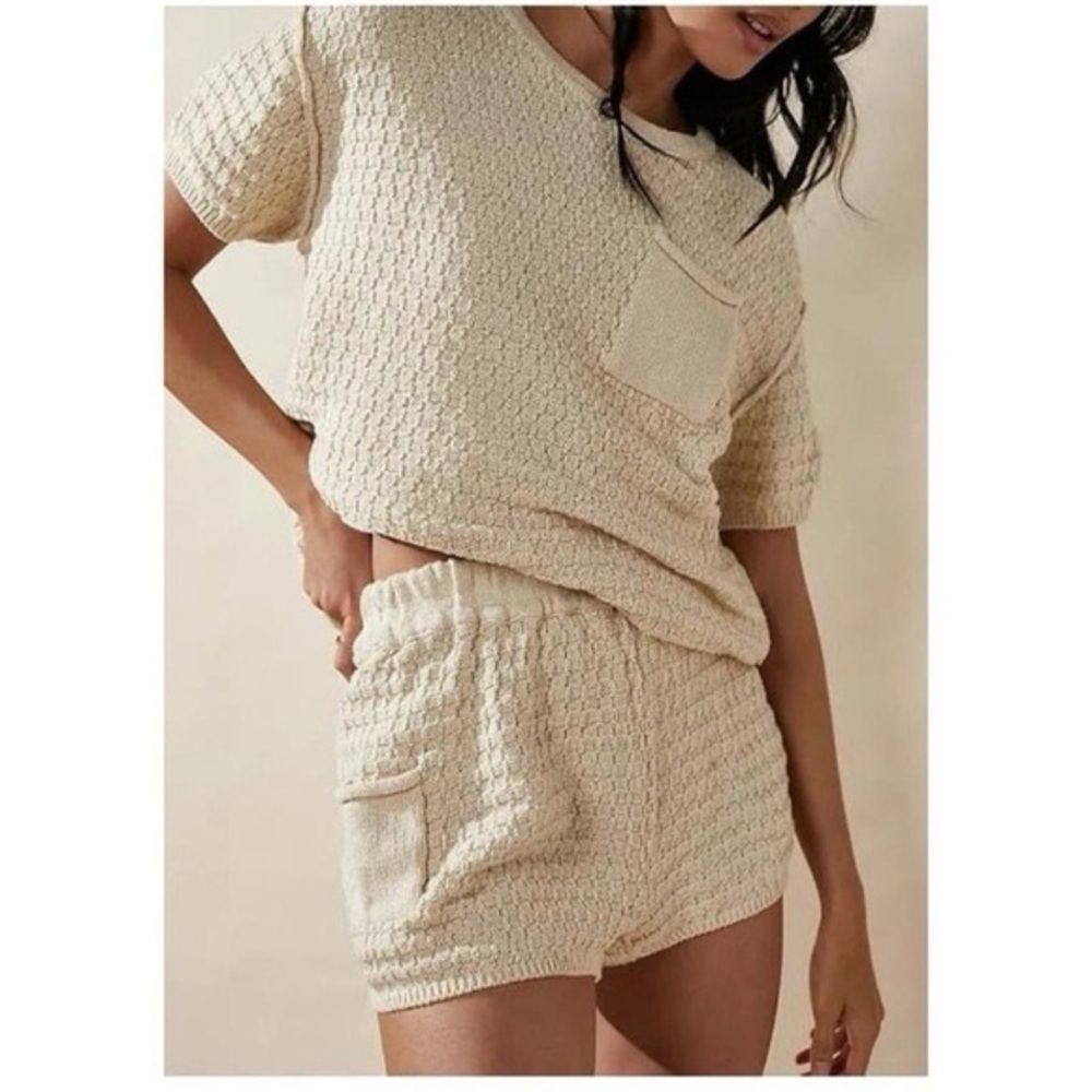 Free People Cream Textured Knit Swim Coverup Top & Shorts Set
